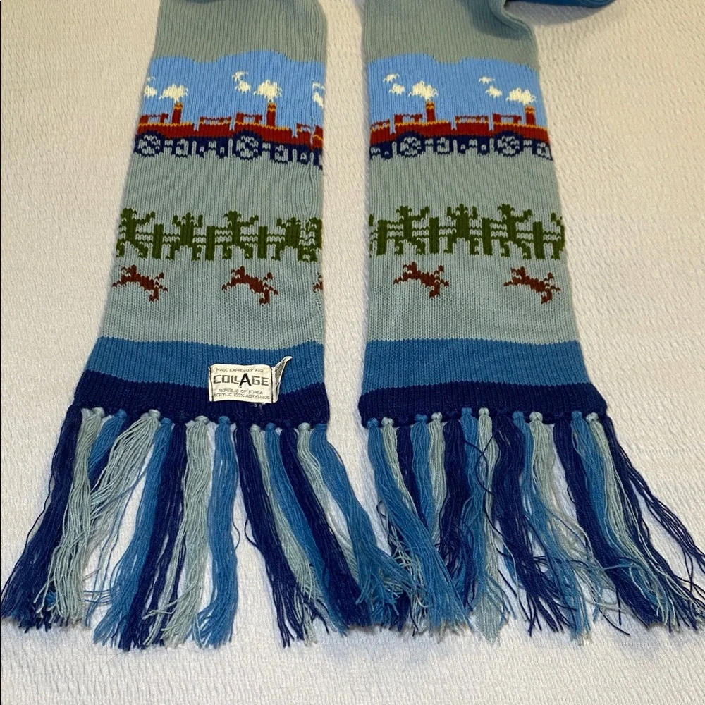 Vintage Collage Knit Scarf Blue Gray Train Cowboy‎ Railroad Whimsical Twee